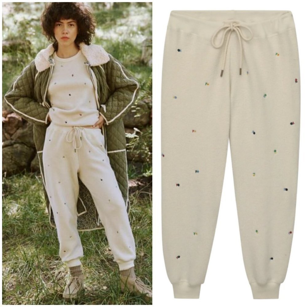 THE GREAT Sherpa Cropped Sweatpant Ditsy Floral Embroidered ~ Washed White L NWT